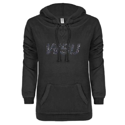 ENZA Womens Black V Notch Raw Edge Fleece Hoodie-WSU Graphite Glitter