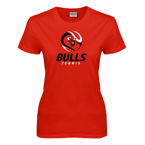 Womens Short Sleeve Red Tee-Tennis Ball Design