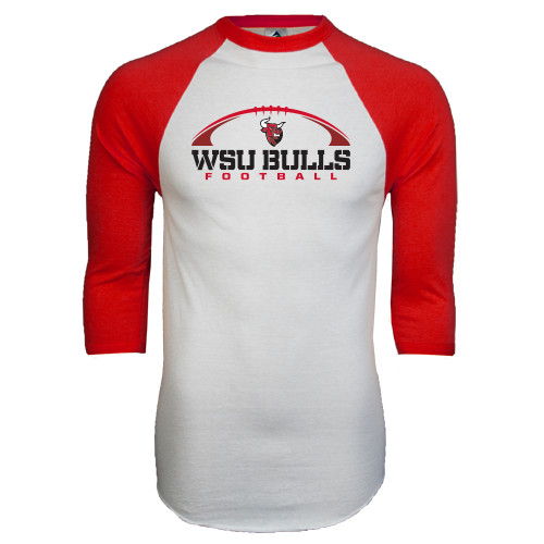 White/Red Raglan Baseball T Shirt-Arched Football Design