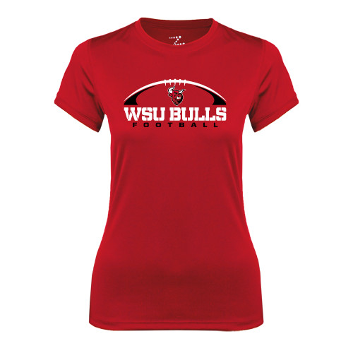 Womens Red Performance Tee-Arched Football Design