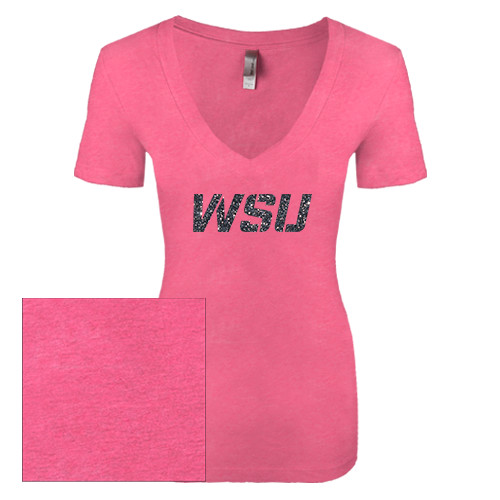 Next Level Ladies Vintage Pink Tri Blend V Neck Tee-WSU Graphite Glitter