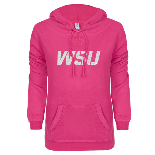 ENZA Womens Hot Pink V Notch Raw Edge Fleece Hoodie-WSU Soft White Glitter