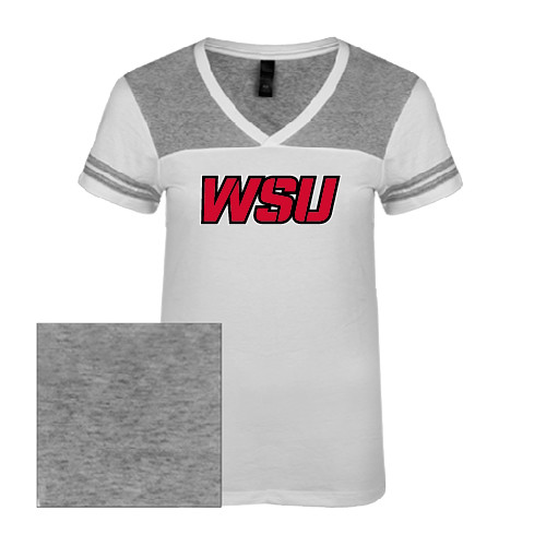 Womens White/Heather Grey Varsity V Neck Tee -WSU
