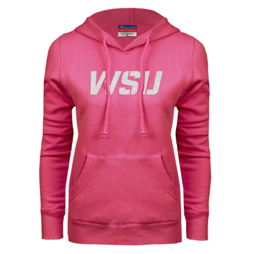 Womens Fuchsia Fleece Hoodie-WSU Soft White Glitter
