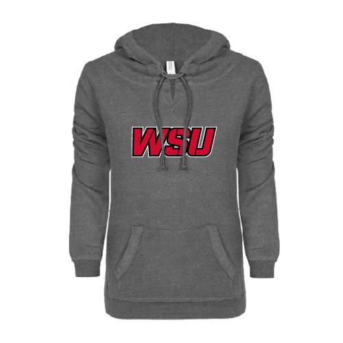 ENZA Womens Dark Heather V Notch Raw Edge Fleece Hoodie-WSU