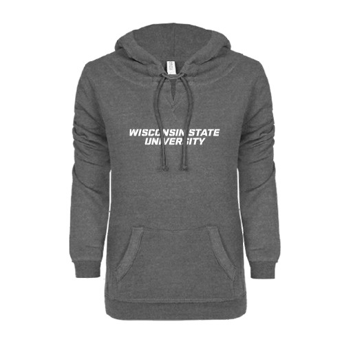 ENZA Womens Dark Heather V Notch Raw Edge Fleece Hoodie-Athletic Wordmark
