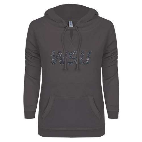 ENZA Womens Dark Heather V Notch Raw Edge Fleece Hoodie-WSU Graphite Glitter