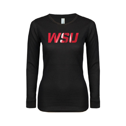 Womens Black Long Sleeve V Neck Tee -WSU Foil