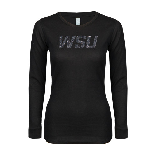 Womens Black Long Sleeve V Neck Tee -WSU Graphite Glitter