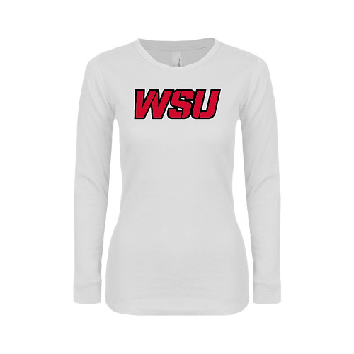 Womens White Long Sleeve V Neck Tee-WSU