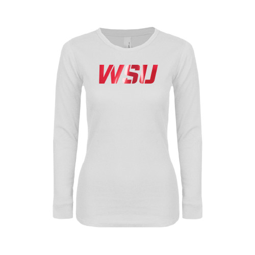 Womens White Long Sleeve V Neck Tee-WSU Foil