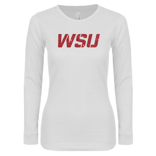 Womens White Long Sleeve V Neck Tee-WSU Red Glitter