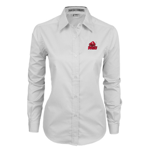 Womens White Twill Button Down Long Sleeve-Official Logo