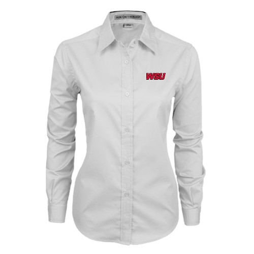 Womens White Twill Button Down Long Sleeve-WSU