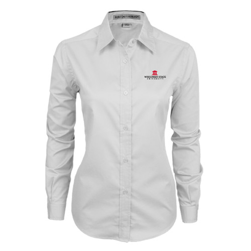 Womens White Twill Button Down Long Sleeve-University Mark