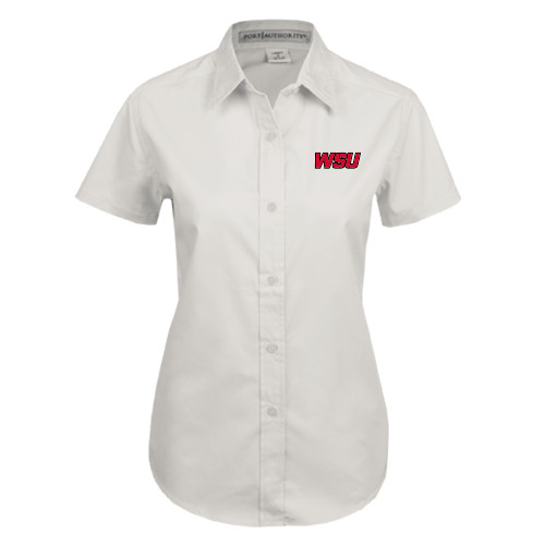 Womens White Twill Button Up Short Sleeve-WSU