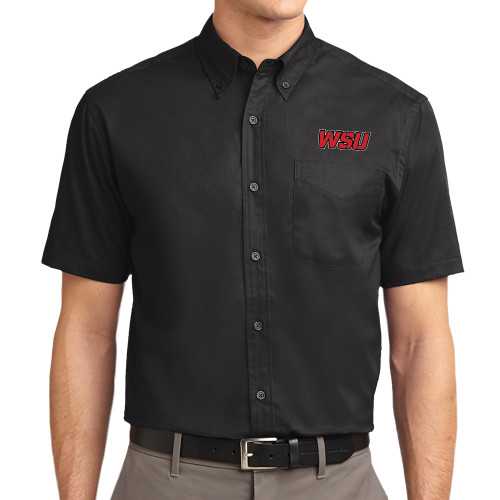 Black Twill Button Down Short Sleeve-WSU