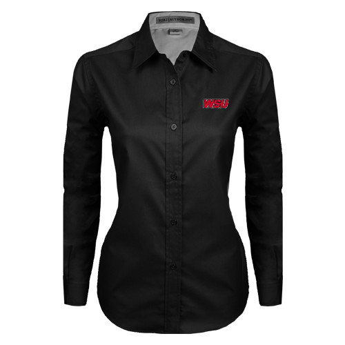Womens Black Twill Button Down Long Sleeve -WSU