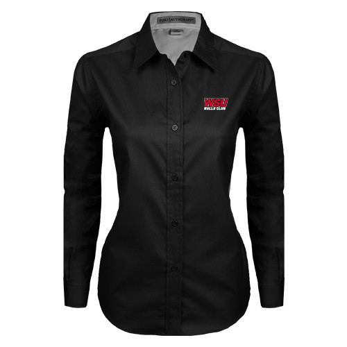 Womens Black Twill Button Down Long Sleeve -Bulls Club