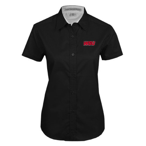 Womens Black Twill Button Up Short Sleeve-WSU