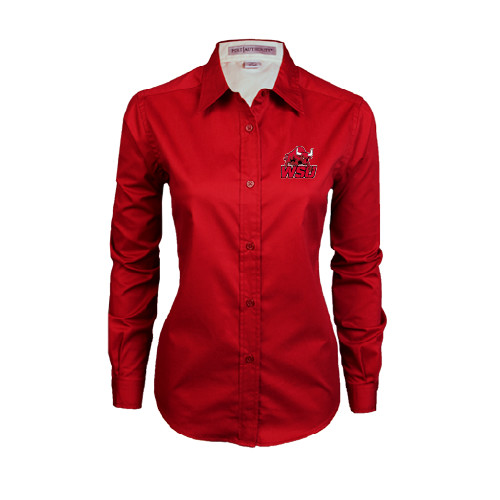 Womens Red Twill Button Down Long Sleeve -Official Logo