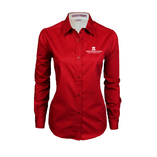 Womens Red Twill Button Down Long Sleeve -University Mark
