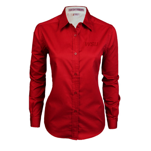 Womens Red Twill Button Down Long Sleeve -WSU