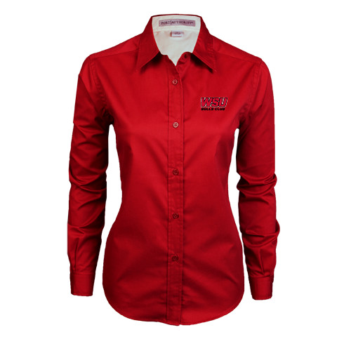Womens Red Twill Button Down Long Sleeve -Bulls Club