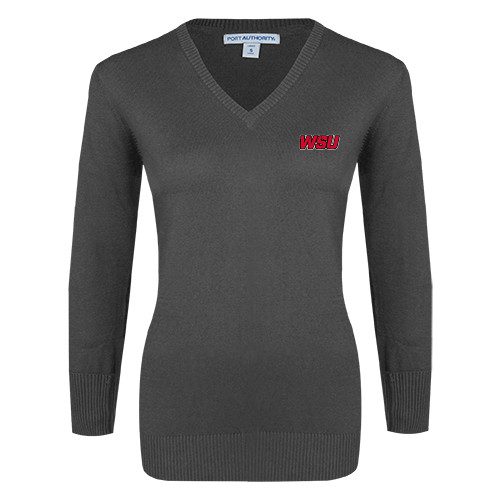 Womens Charcoal Heather VNeck Sweater-WSU