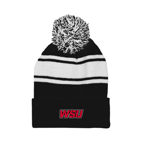 Black/White Two Tone Knit Pom Beanie w/Cuff-WSU