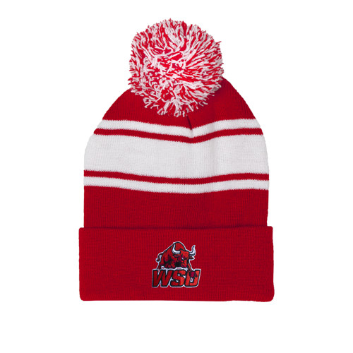 Red/White Two Tone Knit Pom Beanie w/Cuff-Official Logo
