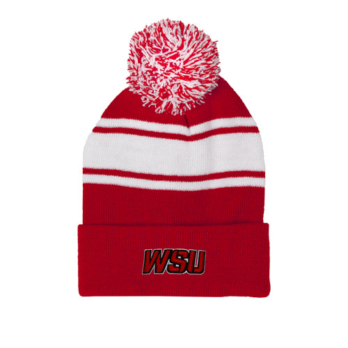 Red/White Two Tone Knit Pom Beanie w/Cuff-WSU