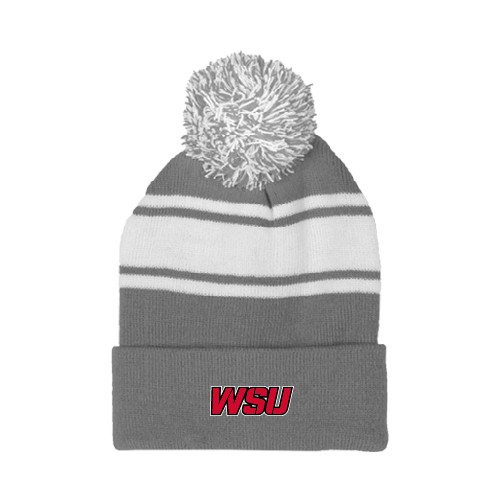 Grey/White Two Tone Knit Pom Beanie w/Cuff-WSU