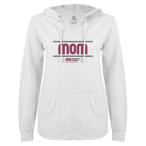  ENZA Womens White V Notch Raw Edge Fleece Hoodie - ASU Preparatory Academy Mom