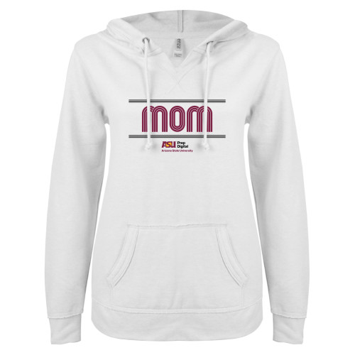  ENZA Womens White V Notch Raw Edge Fleece Hoodie - ASU Prep Digital Mom