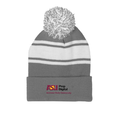  Grey/White Two Tone Knit Pom Beanie w/Cuff - ASU Prep Digital
