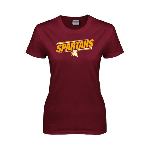  Womens Maroon Short Sleeve Tee - Spartans Angled
