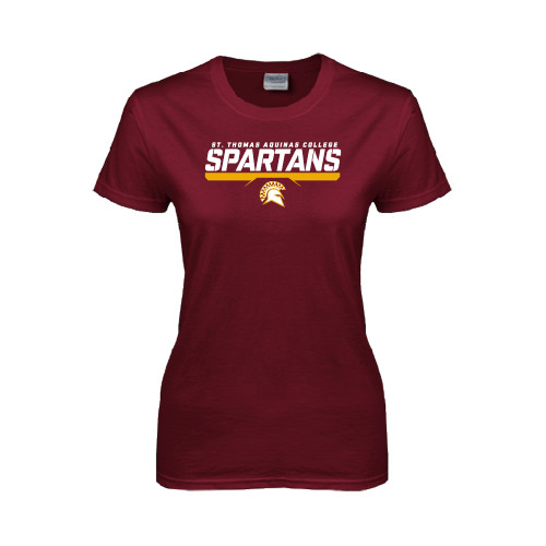  Womens Maroon Short Sleeve Tee - St. Thomas Aquinas Spartans Stacked w/ Bar