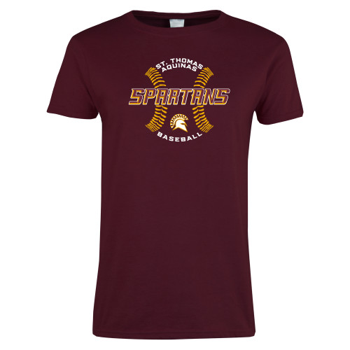  Womens Maroon Short Sleeve Tee - Spartans Baseball w/ Seams