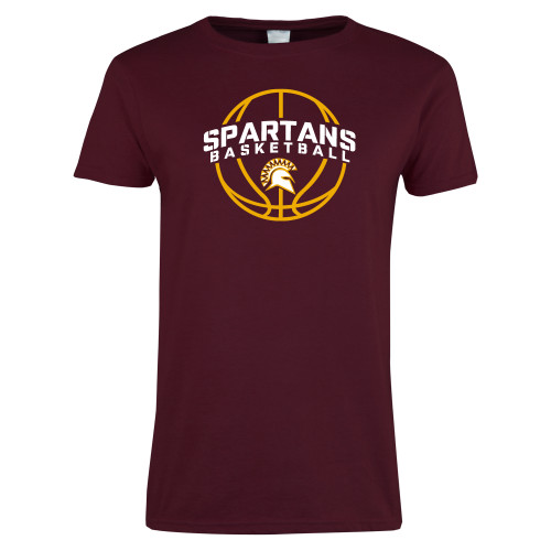  Womens Maroon Short Sleeve Tee - Spartans Basketball Arched w/ Ball