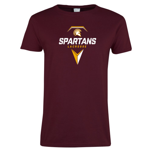  Womens Maroon Short Sleeve Tee - Spartans Geometric Lacrosse Head