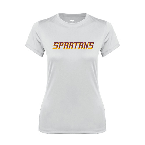  Womens White Performance Tee - Spartans Word Mark