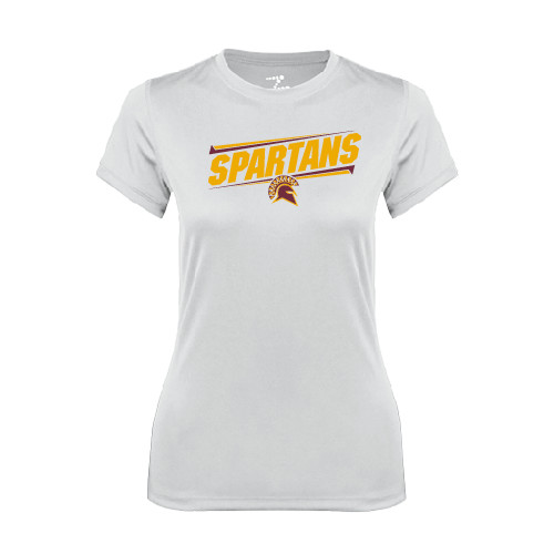  Womens White Performance Tee - Spartans Angled