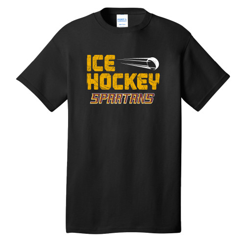  Extended Black T Shirt - Ice Hockey with Skate Lines and Puck - Spartans