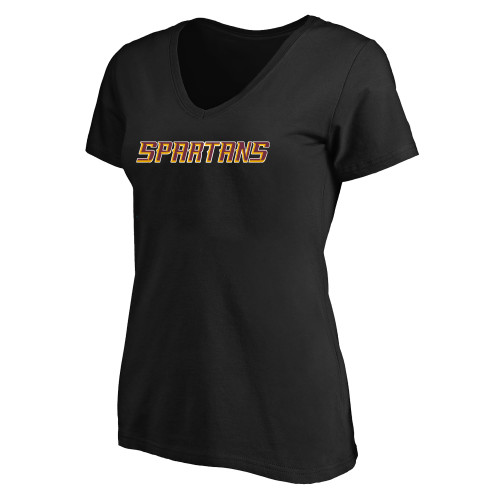  Womens Plus Black V Neck T Shirt - Spartans Word Mark