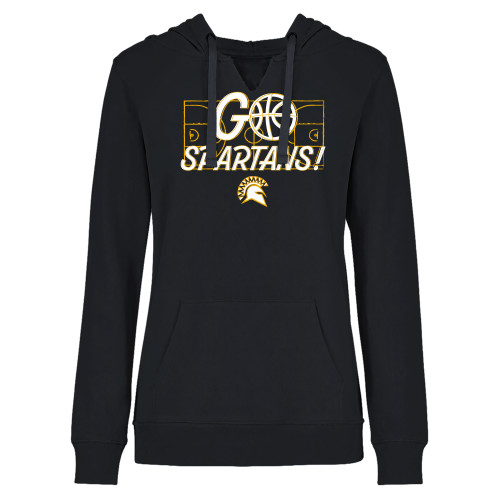  Womens Plus Black Hoodie - Basketball Go Spartans over Court - Spartans