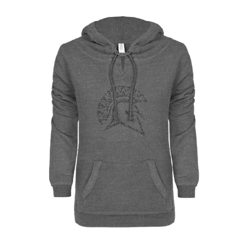  ENZA Womens Dark Heather V Notch Raw Edge Fleece Hoodie - Official Logo Silver Soft Glitter