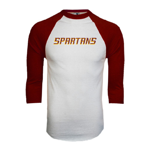  White/Maroon Raglan Baseball T Shirt - Spartans Word Mark