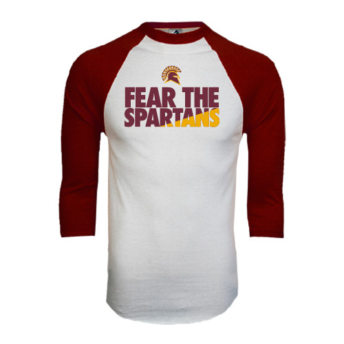  White/Maroon Raglan Baseball T Shirt - Fear The Spartans