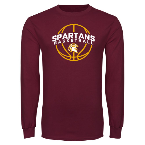 Maroon Long Sleeve T-Shirt - Spartans Basketball Arched w/ Ball